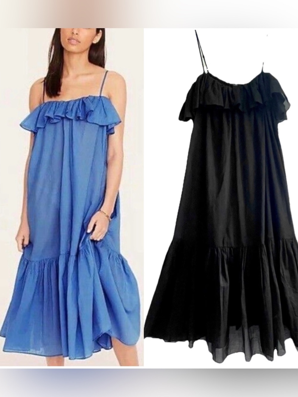 J Crew L Spaghetti strap ruffle dress Black Floaty Airy Cover-up Tiered